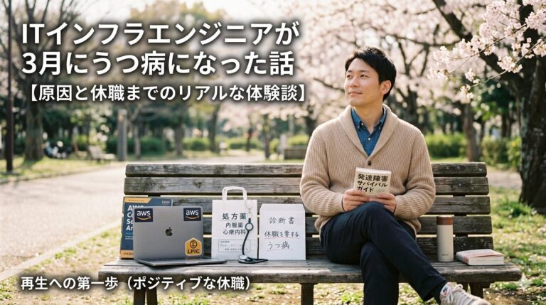 桜の咲く公園のベンチで、穏やかな表情を浮かべて遠くを見つめる男性。ベンチにはAWSやLPICのステッカーが貼られたノートPC、心療内科の処方薬の袋、診断書、そして読書中の本が置かれている。ITインフラエンジニアが休職し、自分を取り戻すための再生の第一歩を表現した画像。