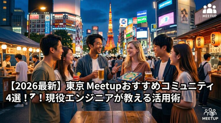 東京の夜景を背景に、多様な国籍の人々が笑顔で交流するMeetupイベントの様子。中央には「【2026最新】東京 Meetupおすすめコミュニティ4選
