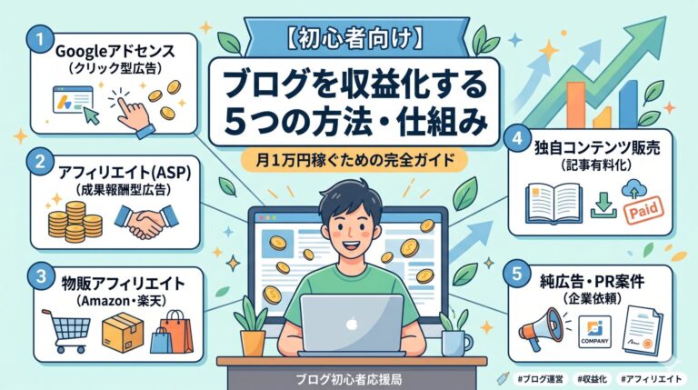 ブログ収益化の5つの仕組み（アドセンス、アフィリエイト、物販、独自コンテンツ販売、PR案件）をまとめた図解アイキャッチ画像。中央にパソコンを操作する人物と、収益向上をイメージさせるグラフが描かれています。