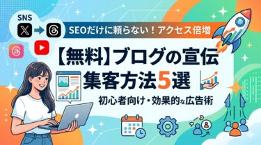 【無料】ブログの宣伝 集客方法5選」というメインタイトルが中央に配置された、明るく現代的なインフォグラフィック。ラップトップとアクセスグラフを持つ女性、成長を示すロケット、SNS（X, Threads, Instagram, YouTube）のアイコン、予約投稿のカレンダーや自動化ツールの歯車アイコンが描かれ、SEOだけに頼らない初心者向けアクセスアップ術を表現している。