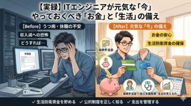 ITエンジニアのうつ病休職と事前の財務準備を比較したインフォグラフィック。左側は暗く苦しむエンジニアと不安の要素（休職届）、右側は明るく笑顔のエンジニアと備えの要素（貯金、公的制度）を描写。メインタイトルは「【実録】ITエンジニアが元気な「今」やっておくべき「お金」と「生活」の備え