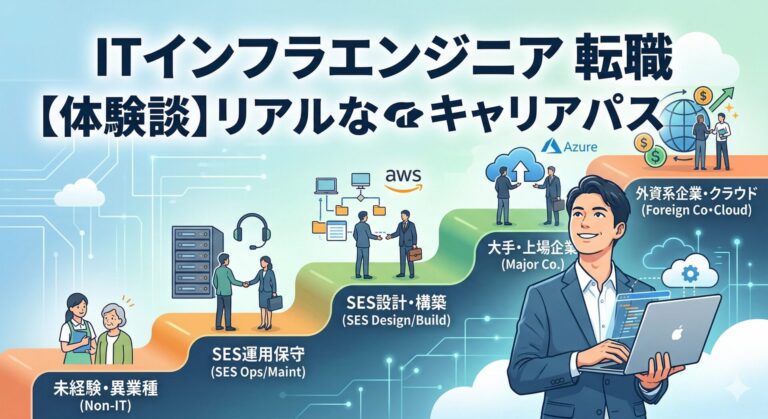 異業種からITインフラエンジニアへ転職し、SESの運用保守から外資系クラウドエンジニアへと年収・キャリアアップしていく階段状のイラスト