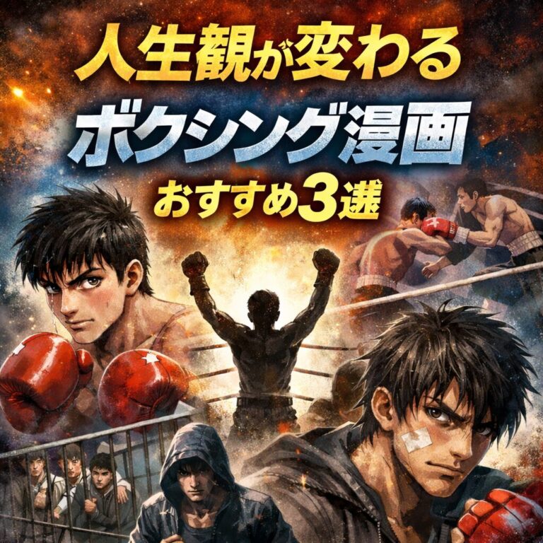 燃え上がるような火花と星雲が混ざり合う背景に、複数のボクシング漫画のキャラクターがコラージュされたドラマチックなポスター。中央にはリング上で両手を突き上げ勝利を噛み締めるシルエットが描かれ、周囲には赤いグローブを嵌めた精悍な表情の若者や、フードを被った男、檻の中にいるような描写のキャラクターたちが配置されている。上部には「人生観が変わるボクシング漫画 おすすめ3選」と力強い日本語のテキストが躍っている。