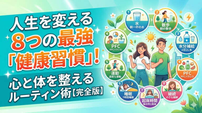 爽やかなミントグリーンの背景に「人生を変える8つの最強健康習慣！心と体を整えるルーティン術【完全版】」という大きな文字タイトルと、朝の水、散歩、睡眠など8つのルーティンを表すイラストが円状に並んだアイキャッチ画像。中央には笑顔の男女のイラストが描かれている。
