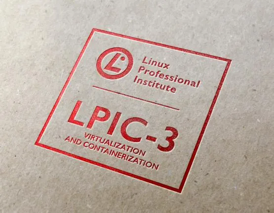 LPIC-3 305（Virtualization and Containerization）試験の一発合格体験記記事のアイキャッチ画像。クラフト紙のような質感の背景に、赤色で印刷されたLinux Professional InstituteのLPIC-3公式ロゴマーク。